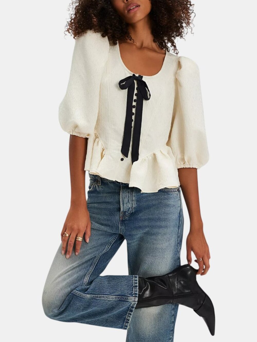 NWT FREE PEOPLE PAMELA EMBROIDERED BOW TRIM PEPLUM TOP CREAM PUFF SLEEVE SIZE L